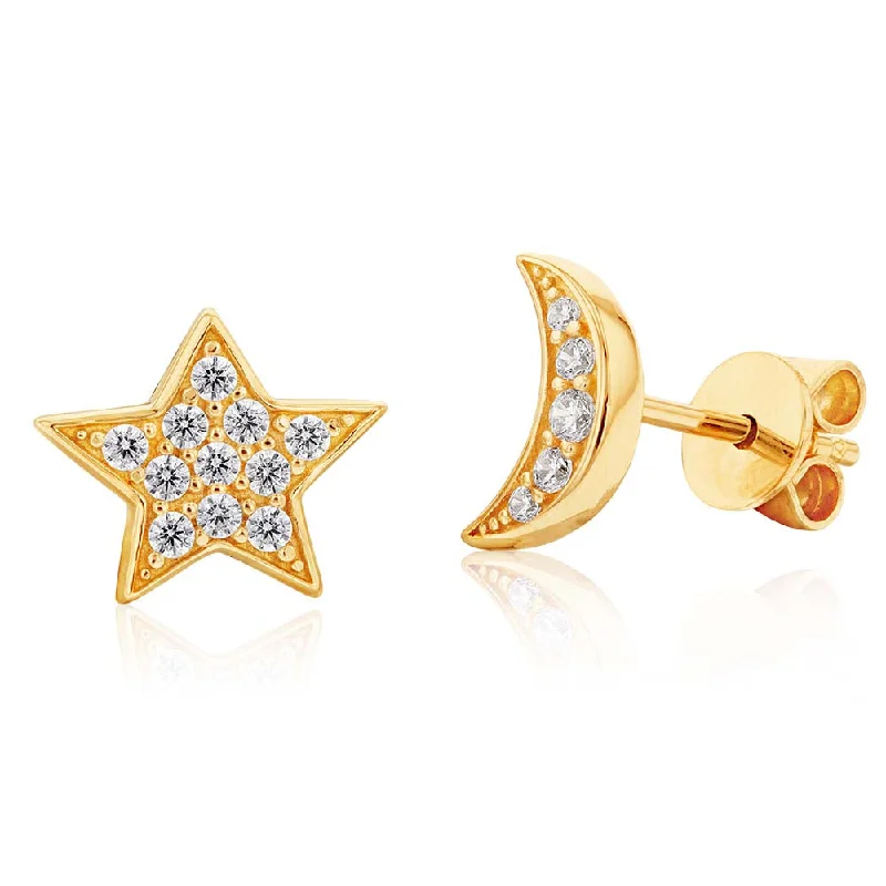 9ct Yellow Gold Zirconia Moon and Star Studs