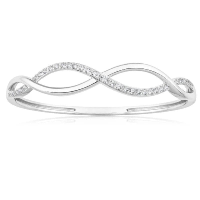 Sterling Silver Rhodium Plated Cubic Zirconia Open Twist 60mm Hinged Bangle