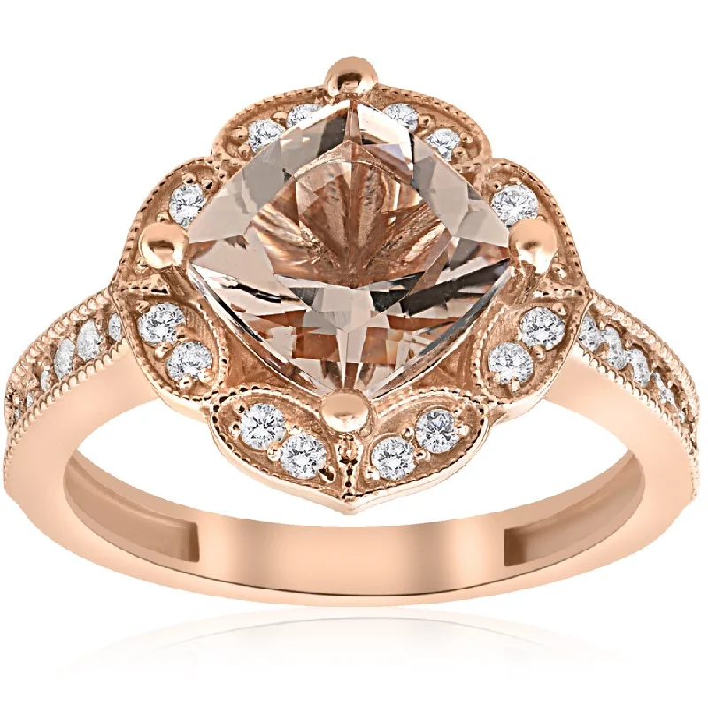 14K Rose Gold 2 1/3ct TW Cushion Morganite & Diamond Vintage Halo Engagement Ring (I-J,I2-I3)