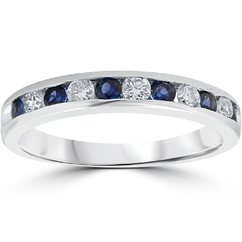 14K White Gold 1/2 ct TW Blue Sapphire & Diamond Channel Set Wedding Stackable Ring