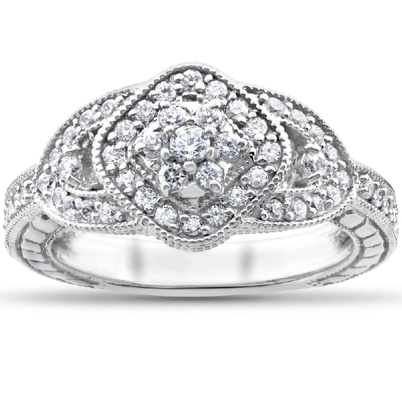 14k White Gold 3/4ct TDW Diamond Cluster Halo Vintage Engagement Ring