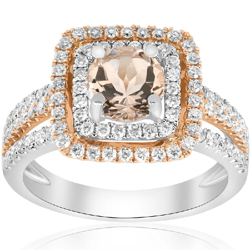 18K Rose & White Gold 1.73 ct TW Diamond & Morganite Double Cushion Halo Two Tone Engagement Ring (F-G,VS1-VS2) - Pink