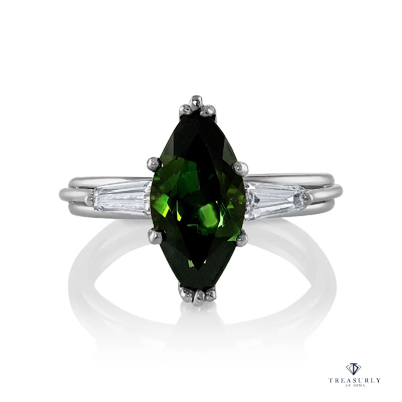 1930..Vintage 3.68ct Green Tourmaline Marquise Diamond Three Stone Platinum Ring