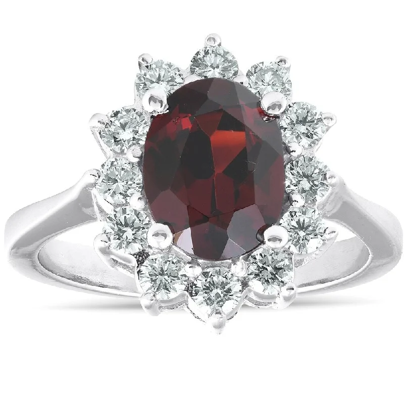 2.60 Ct Diamond Oval Genuine Garnet Halo Ring 18k White Gold