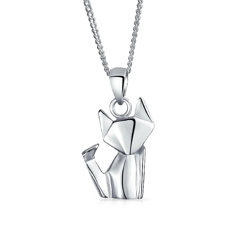 3D Geometric Jewelry Set Cat Earrings & Necklace in Sterling Silver