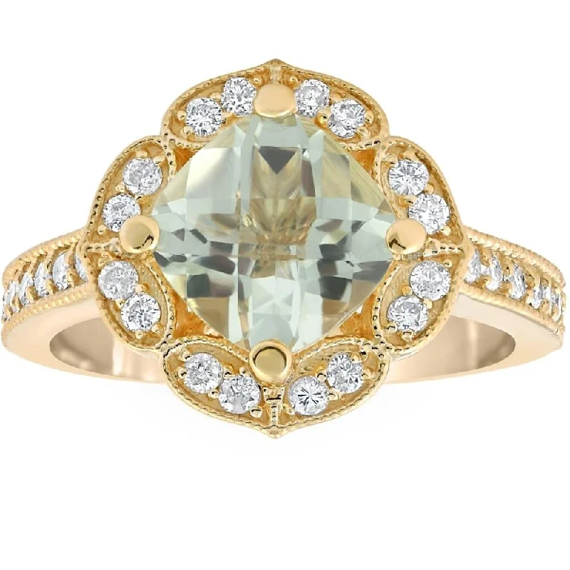 4 1/2Ct Green Amerthyst Cushion & Diamond Ring in 10k Yellow Gold