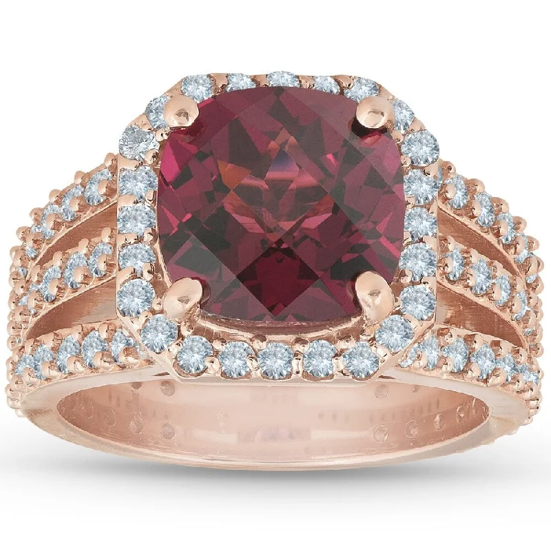 4.25Ct Garnet Diamond Cushion Halo Multi Row Ring 14k Rose Gold