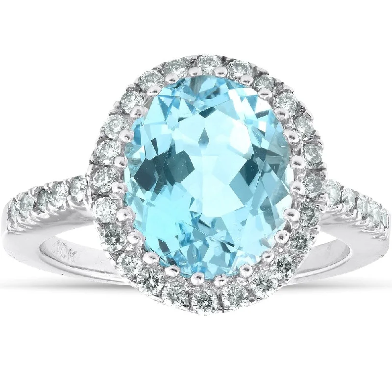 4 3/4 Ct Oval Blue Topaz Diamomnd Halo Ring 14k White Gold