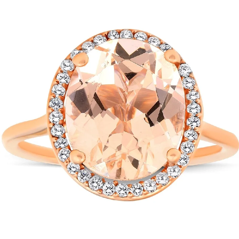 5 1/2 Ct TW Halo Diamond & Oval 10x12 Morganite Ring 14k Rose Gold - Pink