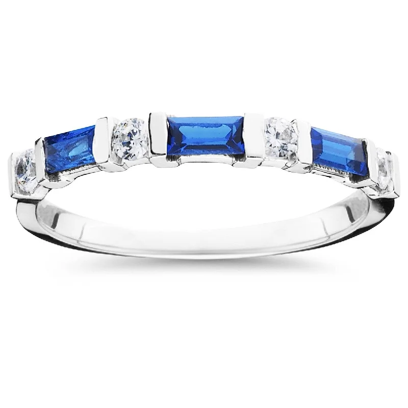 5/8ct Blue Sapphire & Diamond Wedding Stackable Ring 14K White Gold