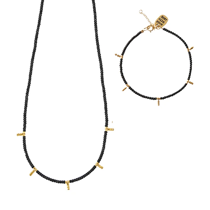 5 Drop Kisongo Necklace & Bracelet Set - BLACK/GOLD