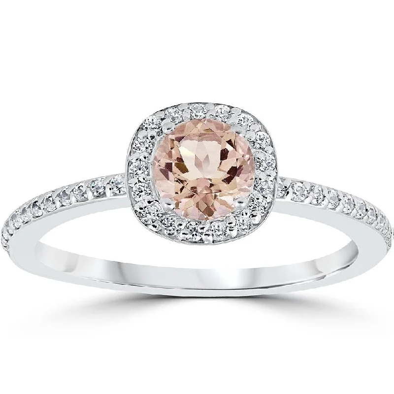 7/8ct Round Morganite & Diamond Cushion Halo Engagement Ring 14K White Gold