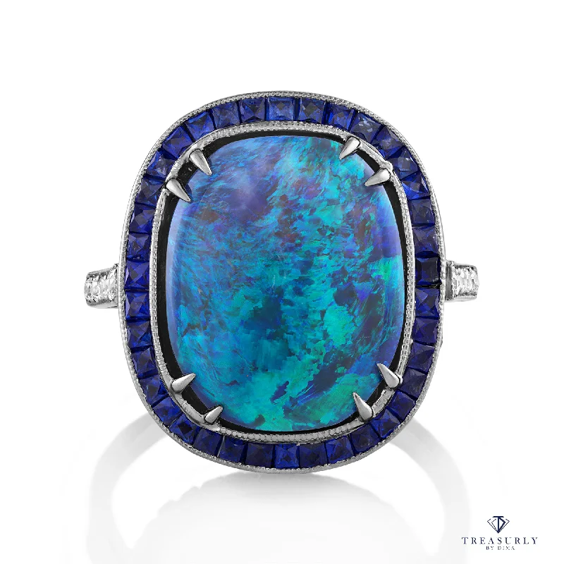 8.80ctw Australian Black Opal Diamonds Sapphires Platinum Ring