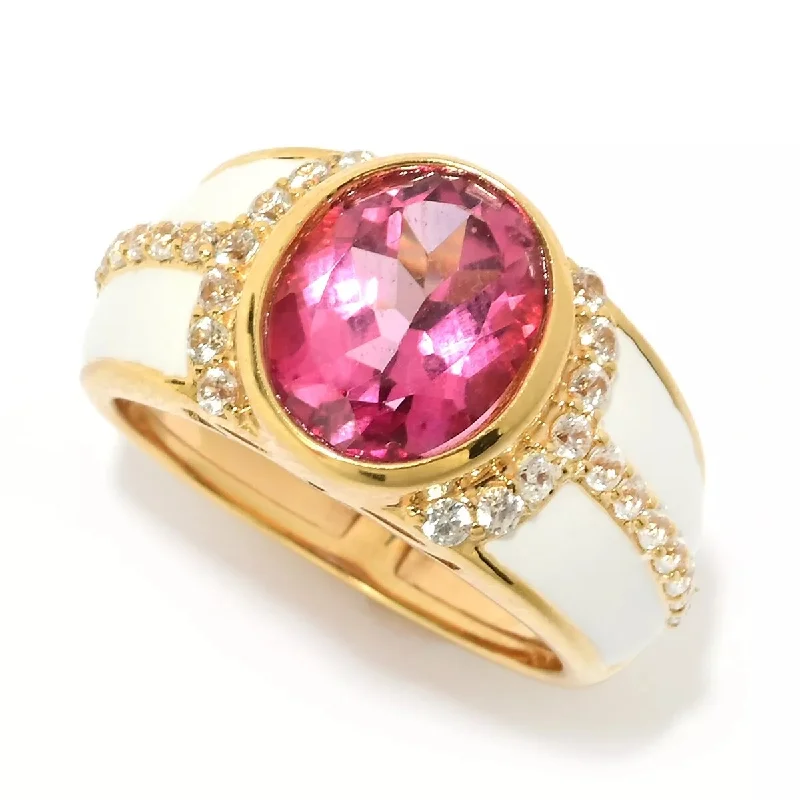 925 Sterling Silver Over Gold Plated Pink Topaz, White Topaz With White Enamel Band Ring