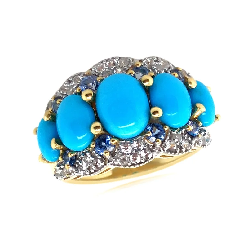 925 Sterling Silver Over Gold Plated Sleeping Beauty Turquoise, Ceylon Sapphire And White Zircon Ring