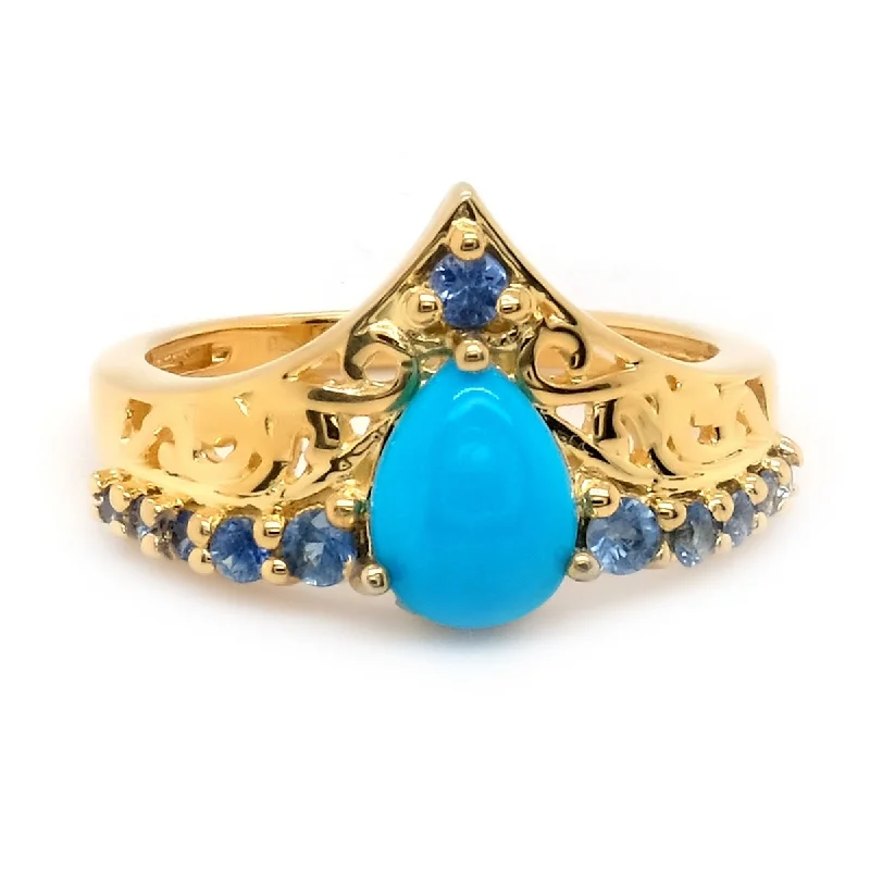 925 Sterling Silver Over Gold Plated Sleeping Beauty Turquoise With Ceylon Blue Sapphire Gemstone Ring