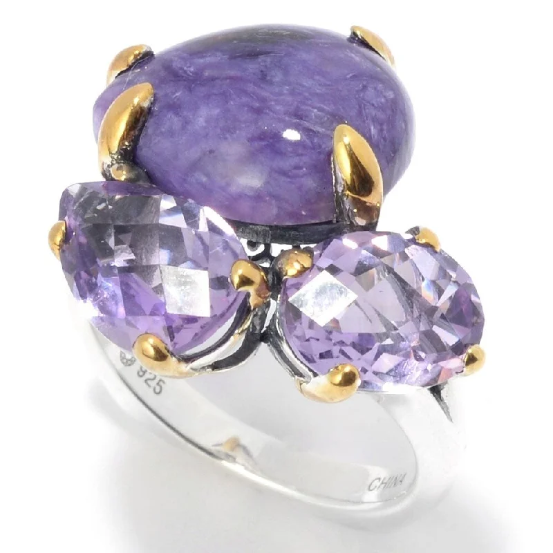 925 Sterling Silver Pink Amethyst and Charoite Ring