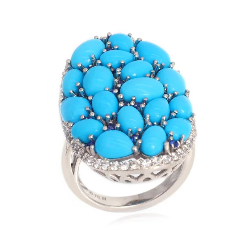 925 Sterling Silver Sleeping Beauty Turquoise,Ceylon Blue Sapphire, Zircon Ring