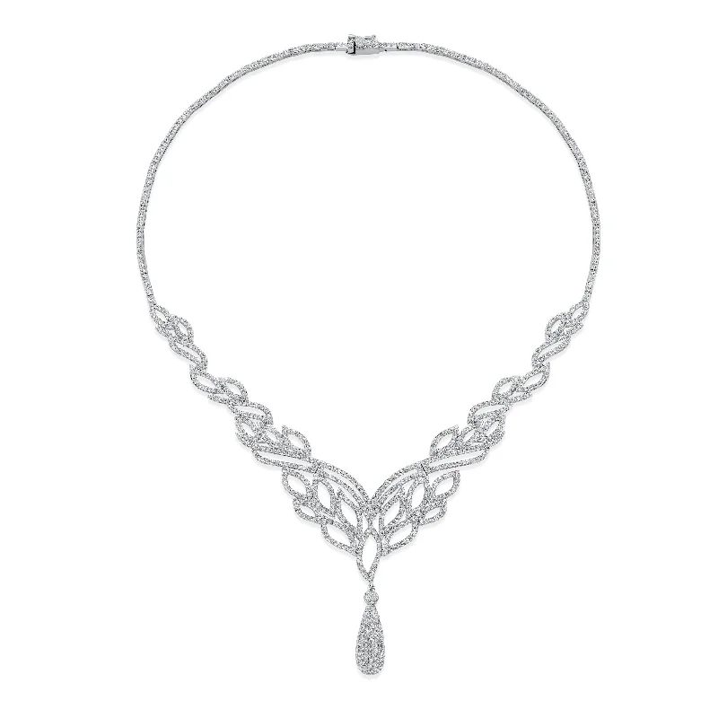 Art Deco Leaf Collar Necklace with Teardrop CZ Silver Plated for Weddings & Proms