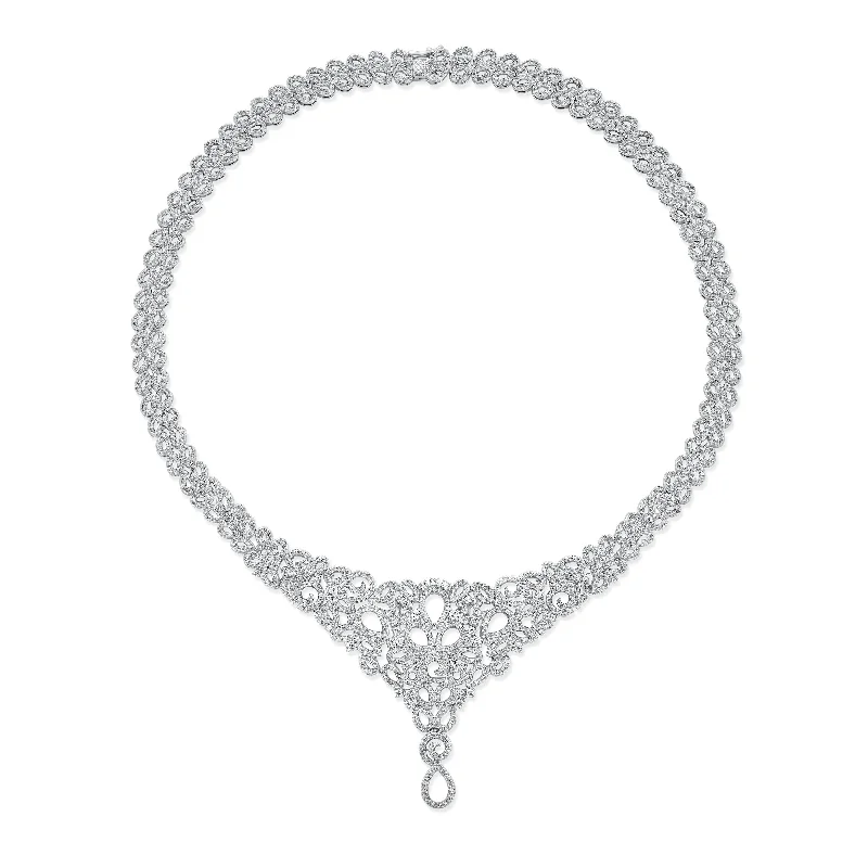 Art Deco Swirl Leaf Choker Collar Necklace with Teardrop CZ Silver Plated