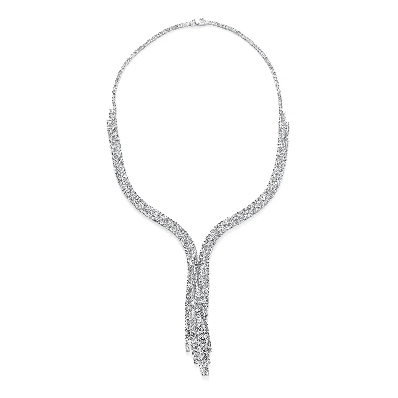 Art Deco Y Fringe Tassel Collar Necklace with Cubic Zirconia Silver Plated