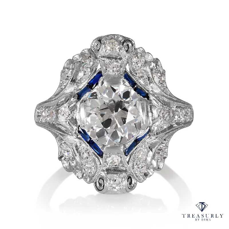 Art Nouveau 2.50ctw GIA Old European Cut Diamond and Blue Sapphire Platinum Ring