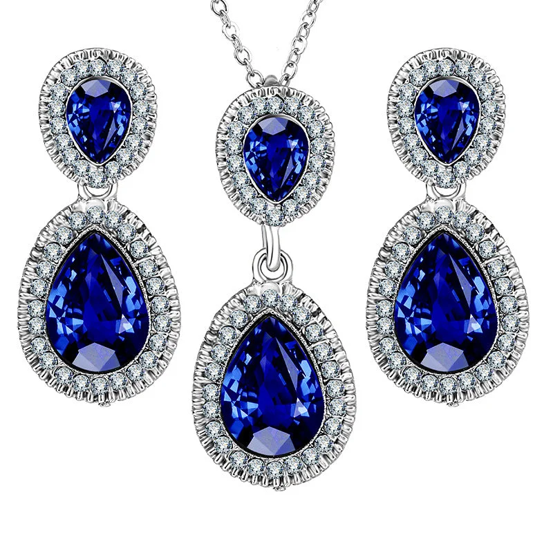 Blue Crystal Drop Pendant Necklace Earring Set