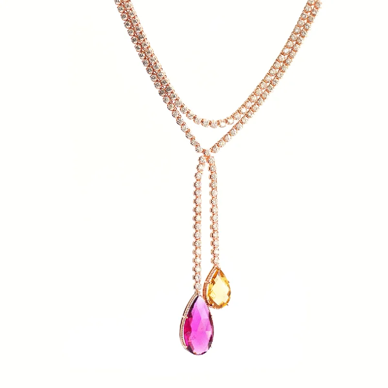 Gem Symphony - Red Tourmaline, Yellow Aquamarine and Diamonds Lariat