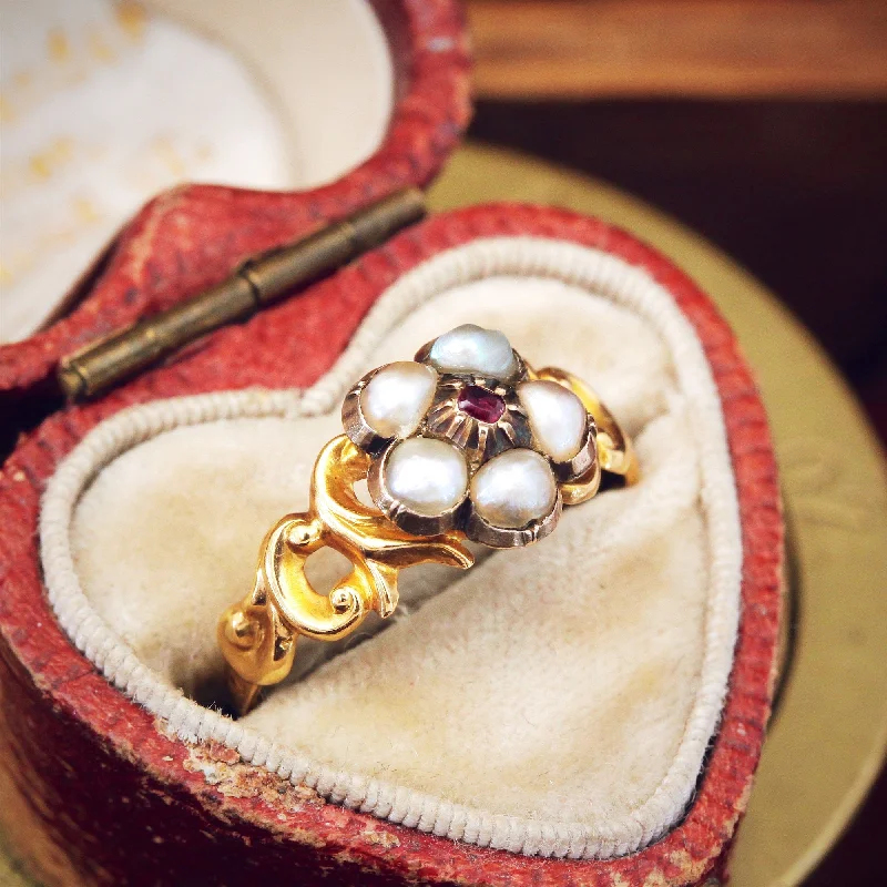 Circa 1840 Wild Pearl & Ruby Pansy Ring