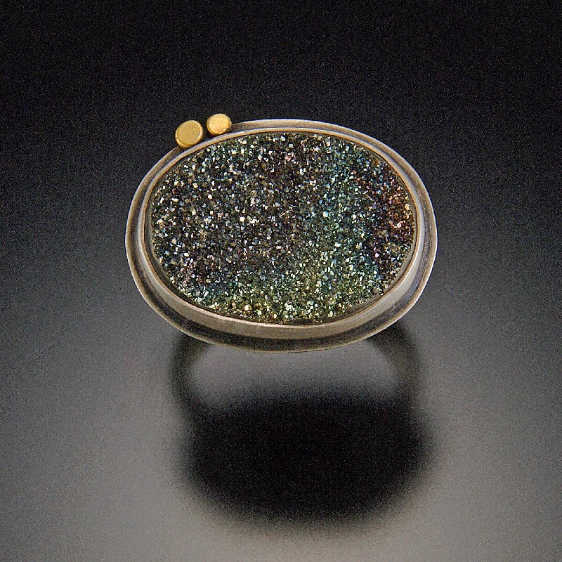 Pyrite Druzy Ring with Gold Dots