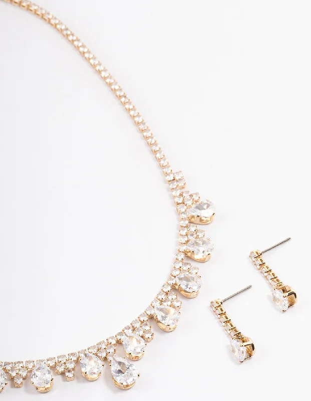 Gold Cubic Zirconia Cupchain Teardrop Jewellery Set