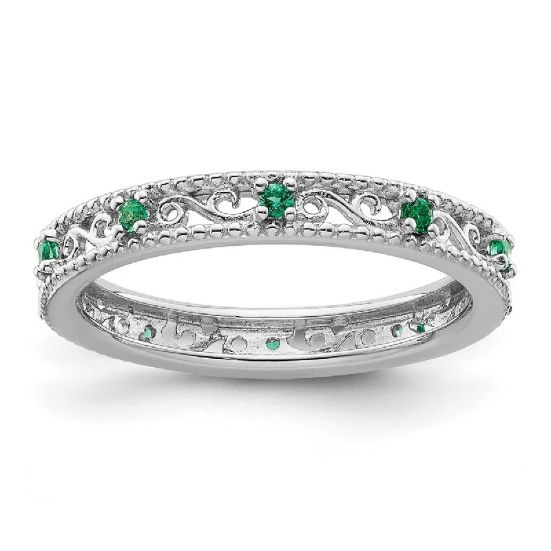 Curata 3mm 925 Sterling Silver Polished Prong set Stackable Expressions Created Emerald Ring