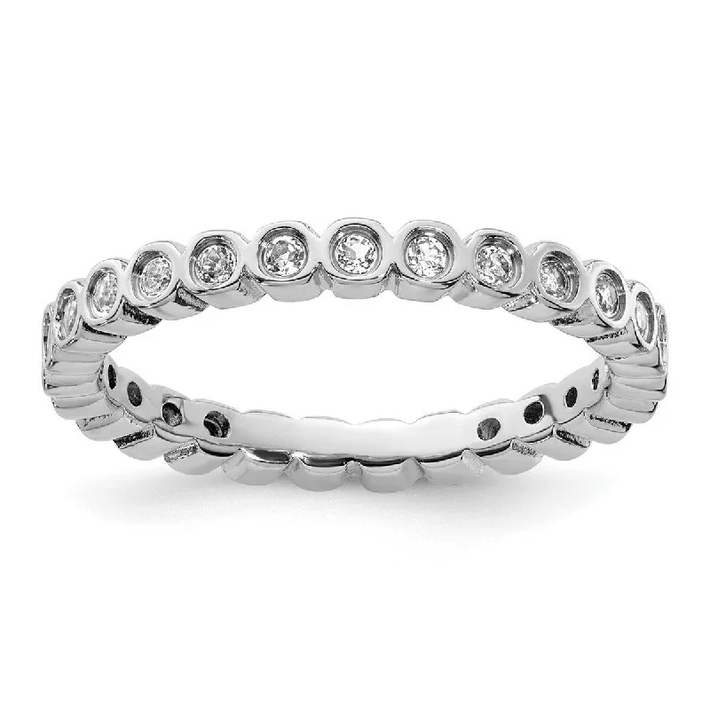 Curata 925 Sterling Silver Bezel Polished Patterned Stackable Expressions White Topaz Ring