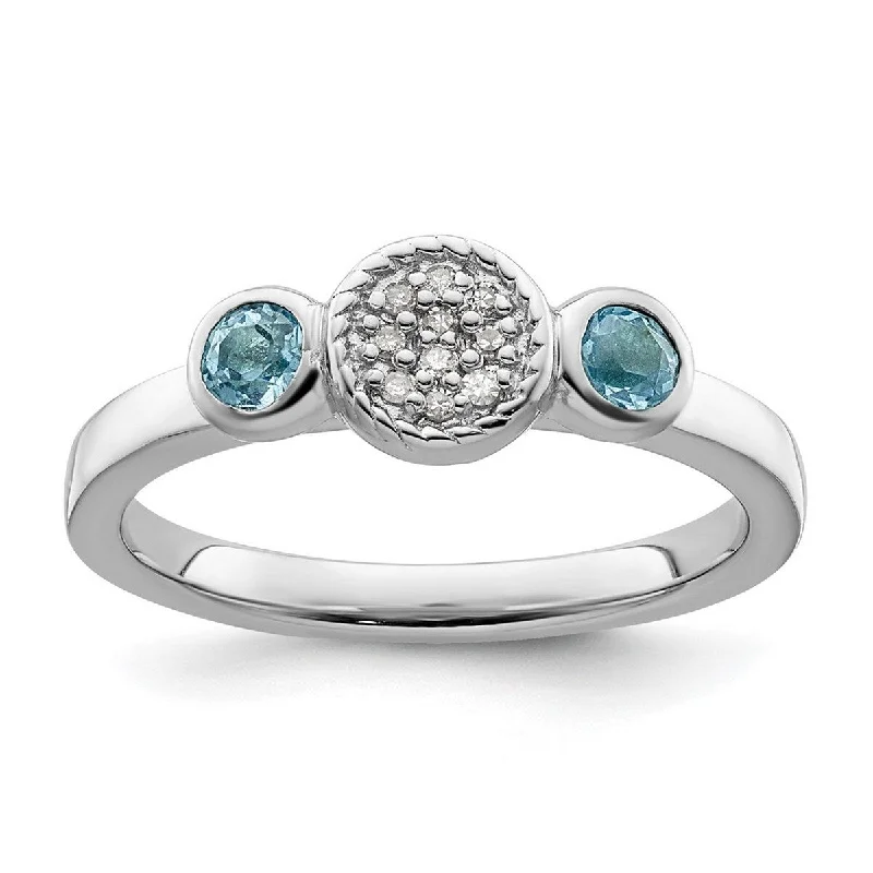 Curata 925 Sterling Silver Bezel Polished Prong set Stackable Expressions Db Round Blue Topaz and Dia. Ring