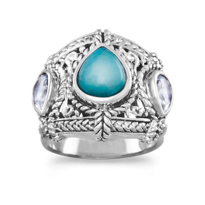 Curata 925 Sterling Silver Blue Topaz and Simulated Turquoise Ring Ornate Oxidized