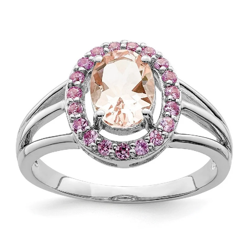 Curata 925 Sterling Silver Polished Open back Morganite and Pink Sapphire Oval Ring