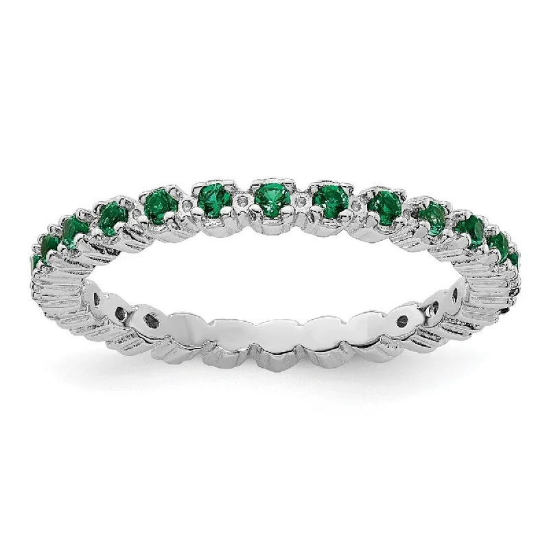 Curata 925 Sterling Silver Polished Prong set Patterned Stackable Expressions Created Emerald Ring