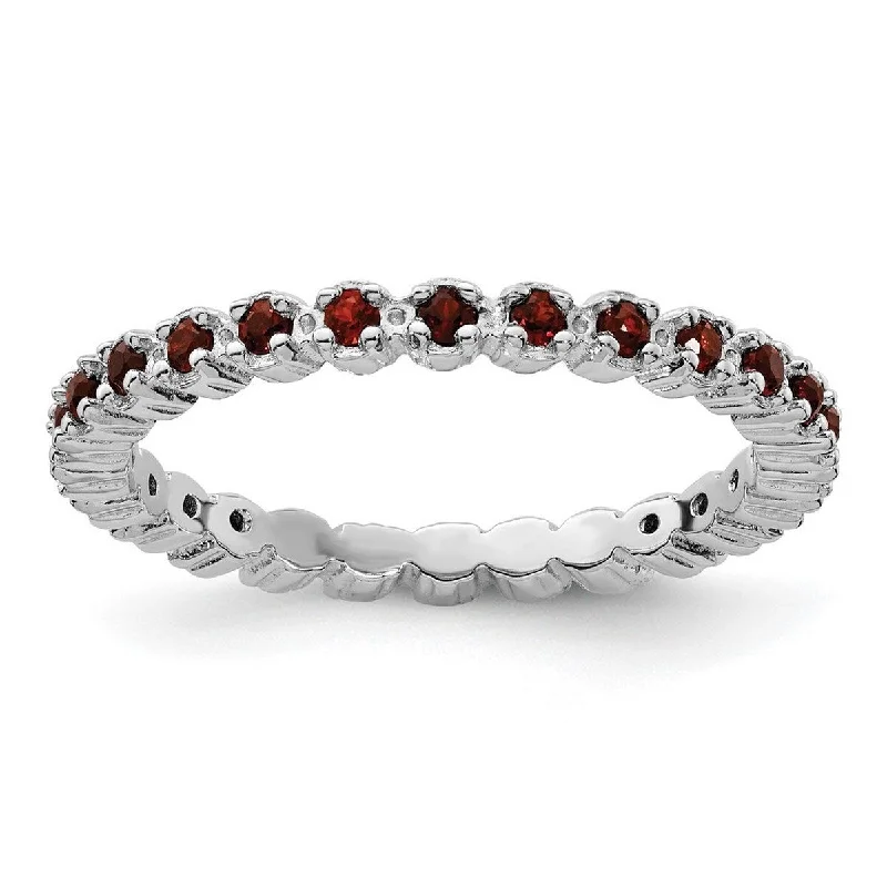 Curata 925 Sterling Silver Polished Prong set Patterned Stackable Expressions Garnet Ring