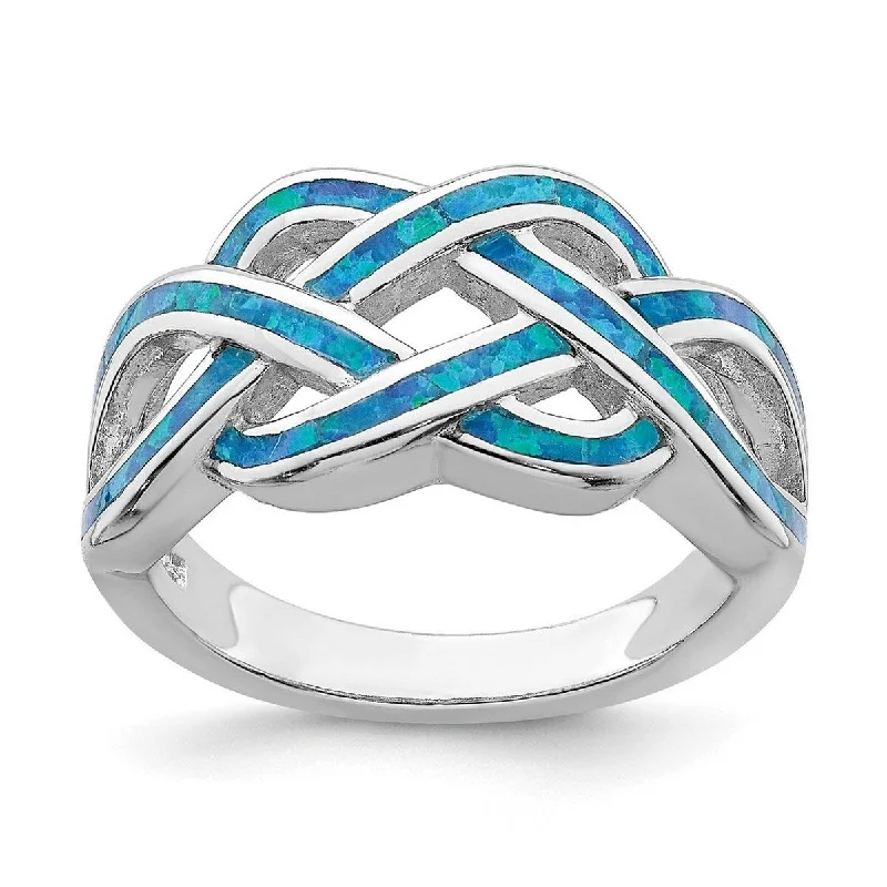 Curata 925 Sterling Silver Rhodium Plated Blue Inlay Simulated Opal Knot Ring