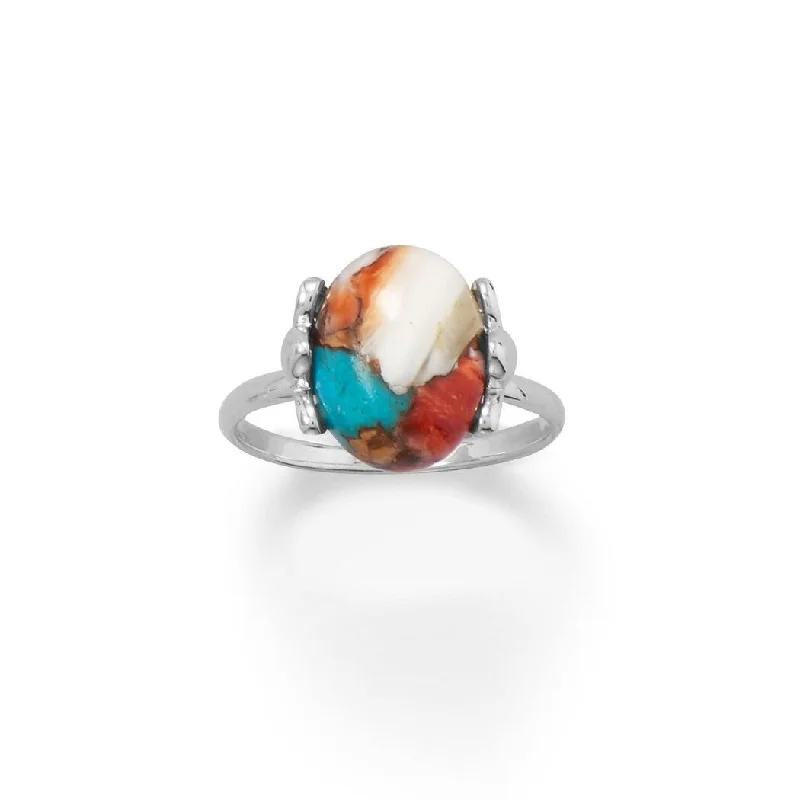 Curata 925 Sterling Silver Spiny Oyster and Turquoise Ring