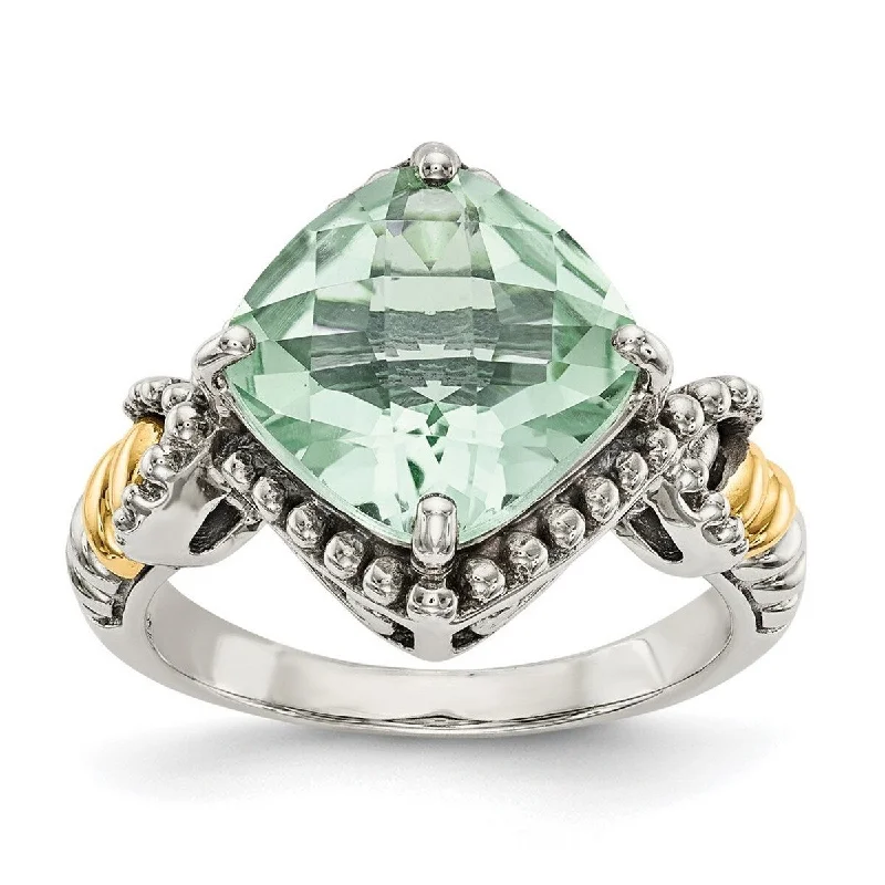 Curata 925 Sterling Silver With 14k Yellow Green Amethyst Cushion Ring