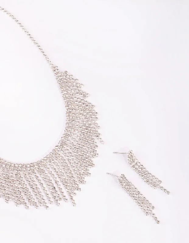 Silver Diamante Tassel Necklace & Earrings Set