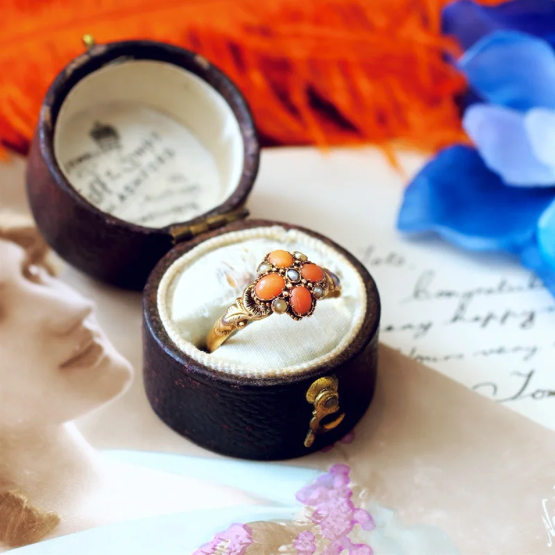 Date 1876 Coral & Seed Pearl Flowerette Ring