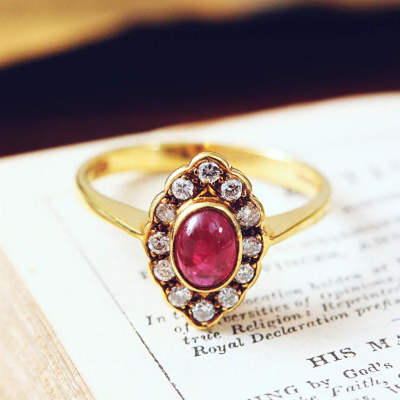 Divine Quality Cabochon Ruby & Diamond Cluster Ring