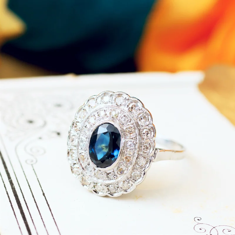 Drama Queen! Vintage Sapphire & Diamond Cluster Cocktail Ring