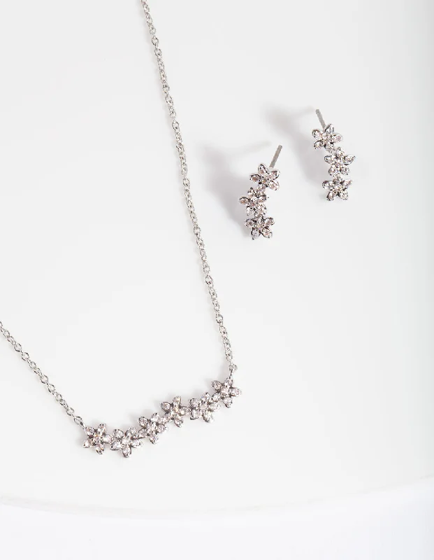 Silver Diamond Simulant Flower Cluster Necklace & Earrings Set