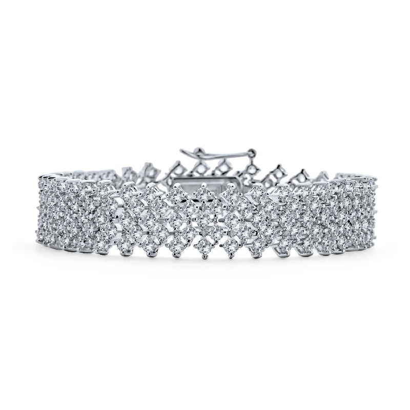 Elegant Bridal CZ Statement Bracelet Silver Plated Multi Row Lattice Design