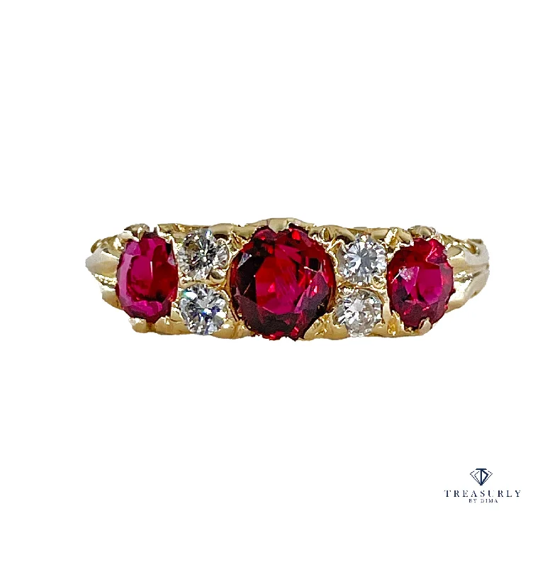 English GIA "NO HEAT" Vintage 2.20ct Pigeon Blood Red Ruby Trilogy Diamond 18k Gold Ring