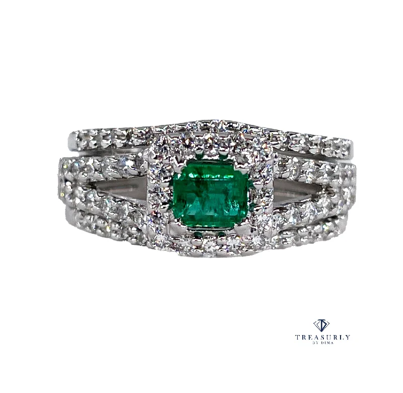 Estate 1.70ct Natural Green Emerald and Diamond Engagement Anniversary Triple Band Gold Ring by Heizberg