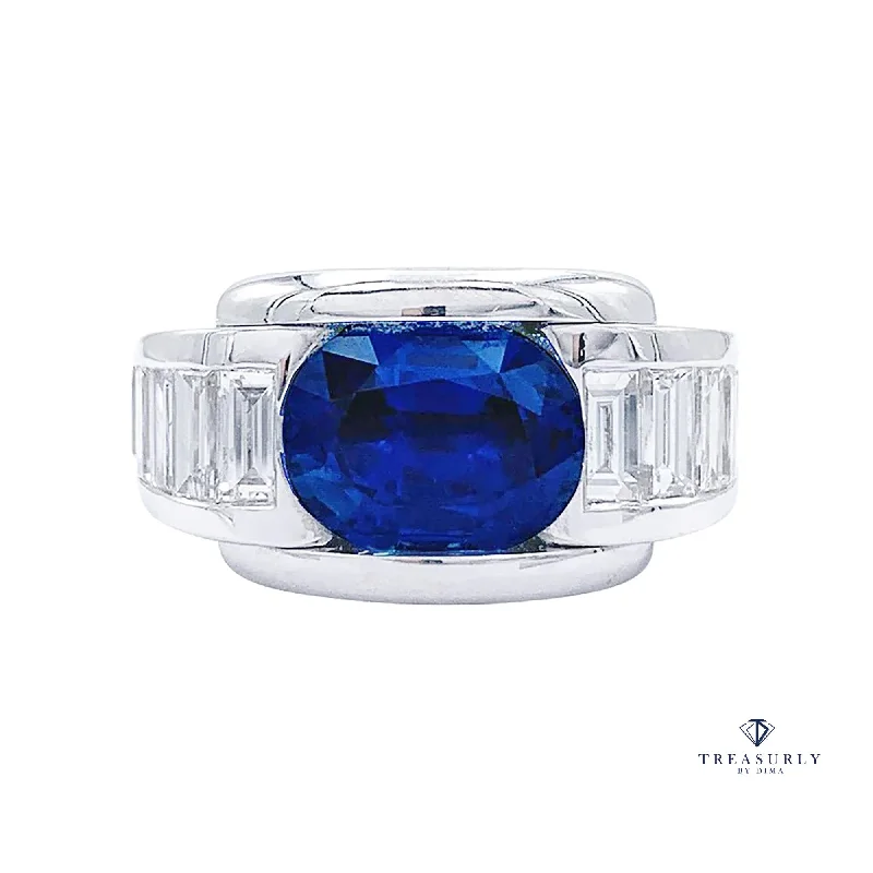 French MAUBOUSSIN 'ALESSANDRA' GIA 5.60ctw Blue Sapphire and Diamond Dress 18k White Gold Ring